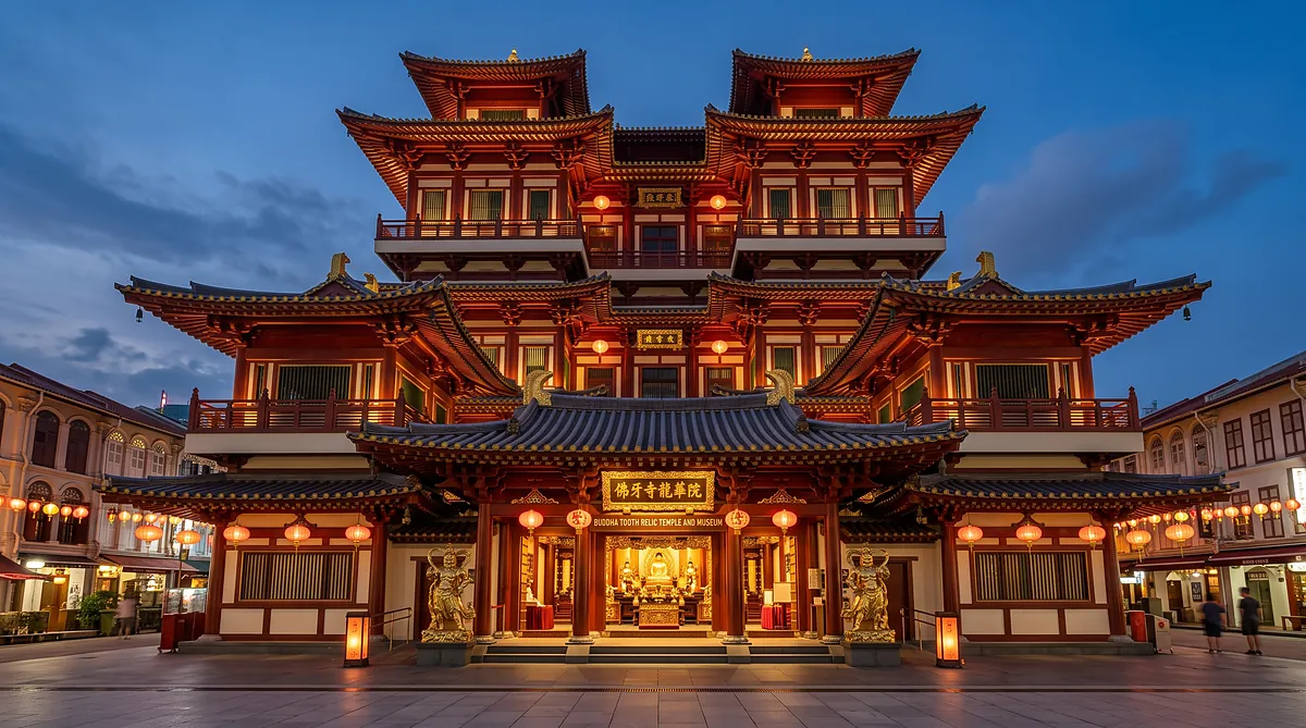 Templo de la Reliquia del Diente de Buda iluminado al atardecer, Chinatown, Singapur