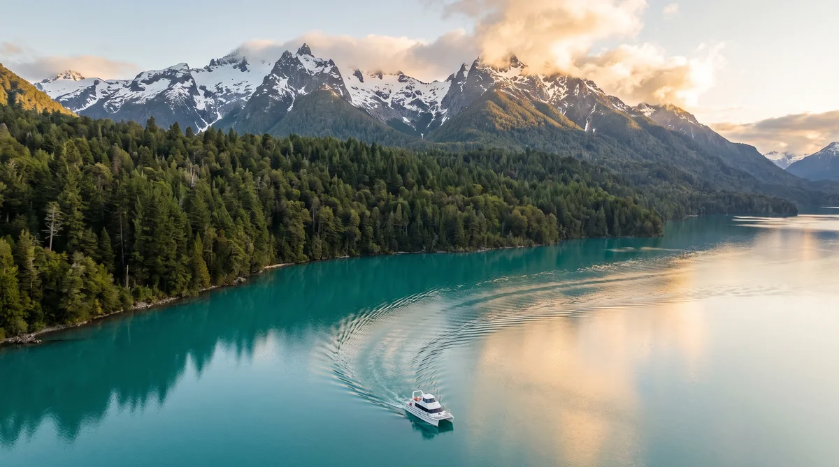 Lago turquesa y catamarán navegando entre montañas nevadas, Patagonia