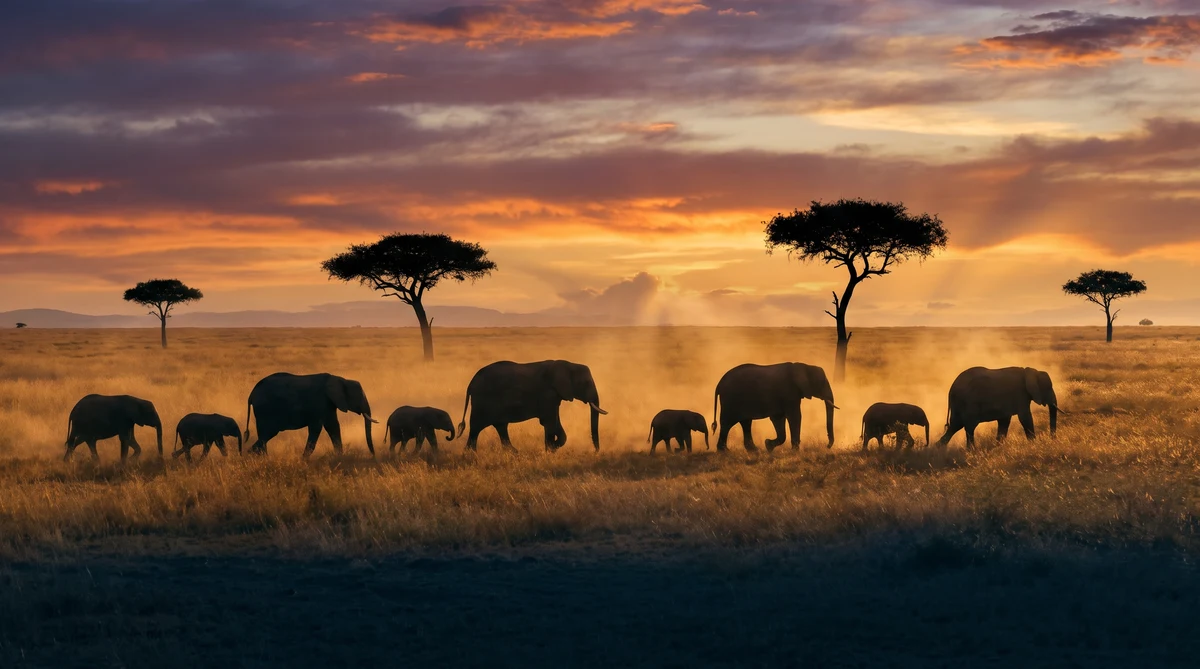 Manada de elefantes al atardecer, sabana africana