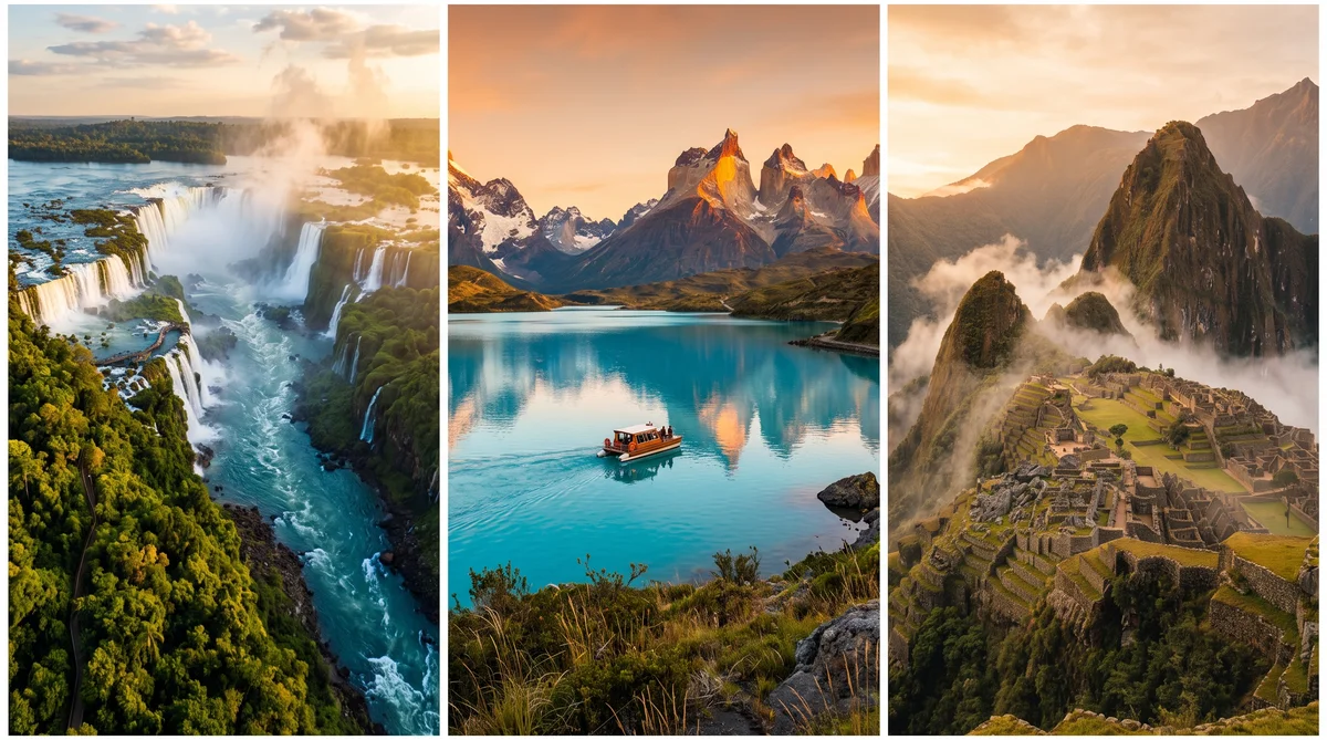 Collage de Cataratas de Iguazú, lago patagónico y Machu Picchu